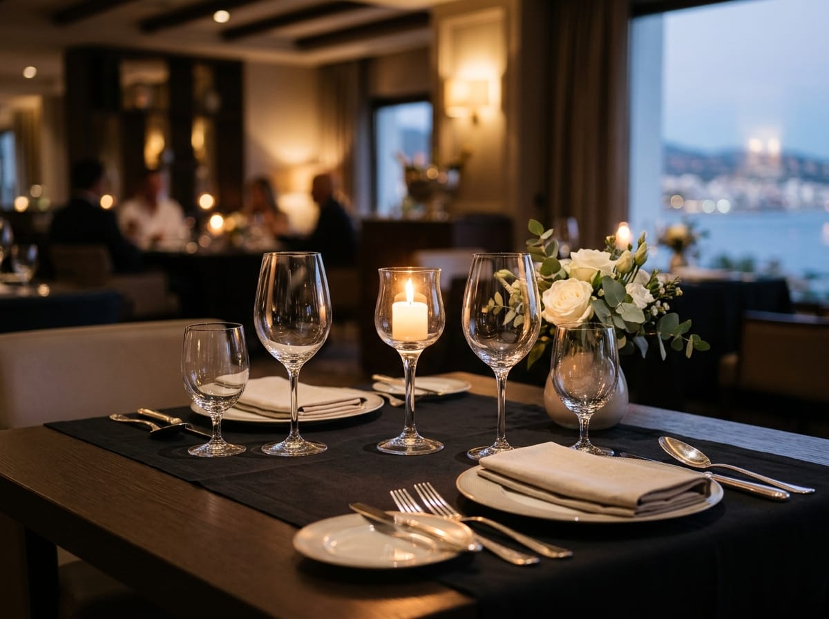 Detalle de una mesa de restaurante elegante con cubertería fina y luz cálida para una celebración íntima