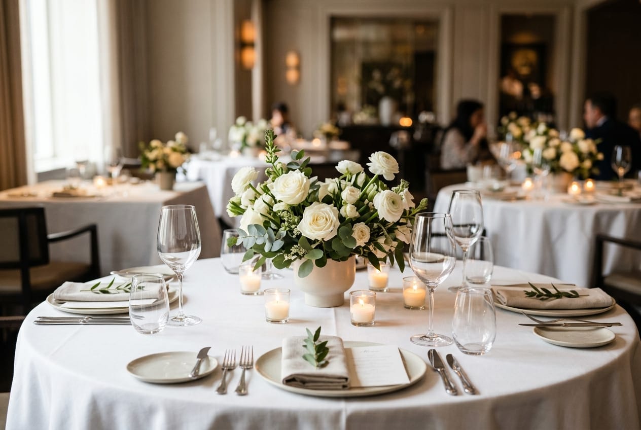 Centro de mesa con flores naturales de tallo corto y velas para una cena íntima.